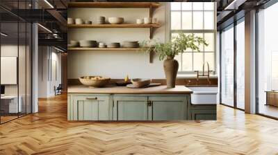 Kitchen dining room country style, rustic style in the interior, French classic, green kitchen, wooden countertop, ceramic tile floor Wall mural