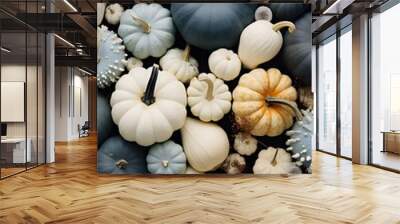 lots of pumpkins in different colors, top view, fall, Halloween and Thanksgiving Day concept, AI generated Wall mural