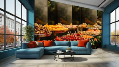 variety of food in metal trays on a buffet, restaurant, hotel restaurant, delicacies Wall mural