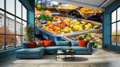 variety of food in metal trays on a buffet, restaurant, hotel restaurant, delicacies Wall mural