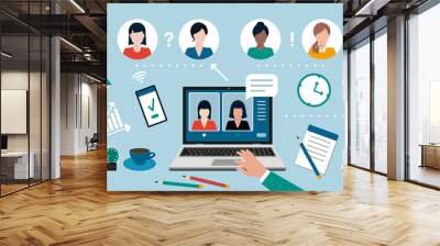 Video conference call, distance learning, remote work and business communications concept vector illustration Wall mural