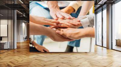 Panoramic teamwork business join hand together concept, Business team standing hands together, Volunteer charity work. People joining for cooperation success business. Wall mural