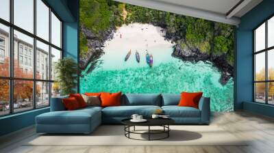 adventure style hi season thai and foreign tourists long tail boat and driving see coral  on phi phi island kra bi Thailand aerial top view from drone Wall mural