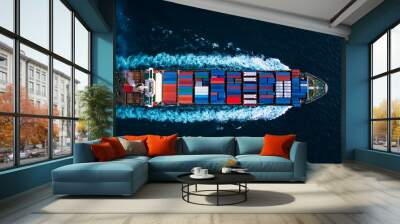 Aerial top view full speed container ship in the deep blue sea Wall mural