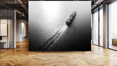 Aerial view container cargo ship in sea over sunlight background, black and white. Wall mural