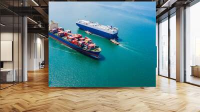 business luxury ship loading cars and shipping cargo containers logistics export import service open sea asia pacific and europe zone aerial view Wall mural