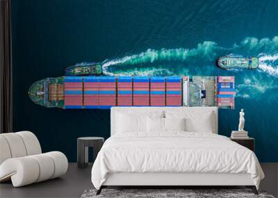 business shipping cargo containers import export and exchange  fright ship open sea asia pacific international from Thailand aerial top view Wall mural