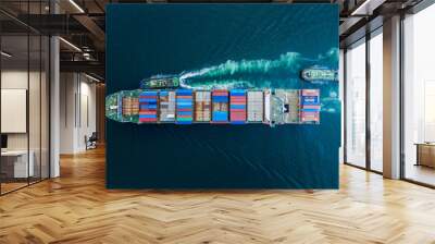 business shipping cargo containers import export and exchange  fright ship open sea asia pacific international from Thailand aerial top view Wall mural