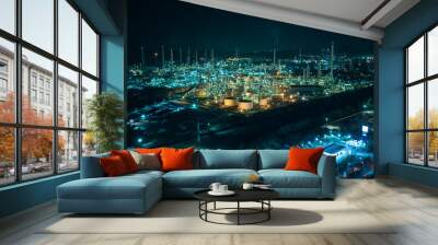 cityscape night scene shot oil storage tank  and oil refinery factory zone, global business and industry about natural resources wasteful for transportation and trading, aerial view Wall mural