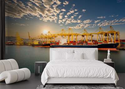 commercial port and container ship on the green sea over the sunlight clouds sky background Wall mural