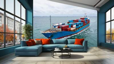 container cargo ship sailing full speed in green sea to transport of goods import export internationally or worldwide as business and industrial transport and marine services in open sea Wall mural