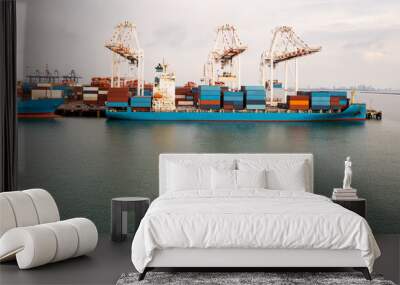 Container ship at industrial port in import export global business services logistic and transportation, Wall mural