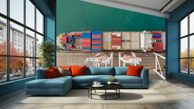 Container ship terminal, and quay crane of container ship at industrial port with shipping container vessel, Maritime cargo freight ship import export business service logistic international  Wall mural