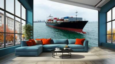 front view Container Ship load container going to seaport or unload at container warehouse on the green sea. Logistics, import export, shipping or transportation Asia Pacific and worldwide. Wall mural