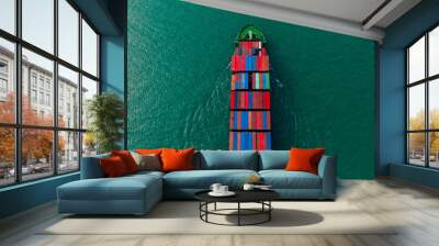 global business transportation, cargo logistic container ship sailing in sea  import export goods and distributing products to dealer and consumers worldwide, top view Wall mural