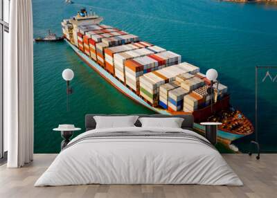 large container ship and tug boat sailing on the green sea Wall mural