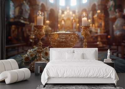 Some candles are lit in a church with a candlestick,
 Burning church candles near the altar closeup
 Wall mural