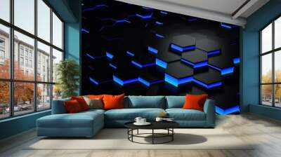 3D Futursitics rendering blue and black abstract honeycomb hexagon random surface level background with lighting and shadow. Tilt angle Wall mural