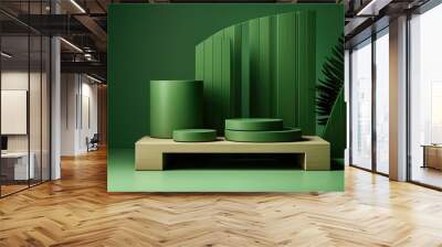 A 3D rendering of a green podium with a wooden base against a green background. Wall mural