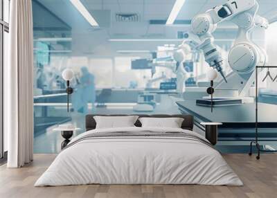 A bright, airy laboratory with a robotic arm for surgical training, set against a clean backdrop emphasizing modern medical technology Wall mural