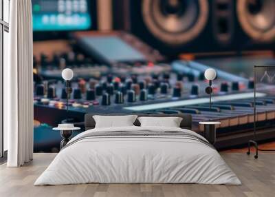 A display of sound engineer controller electronic devices on a table Wall mural