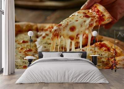 A hand lifting a pizza slice, the cheese stretch a testament to the perfect blend of toppings and melt Wall mural