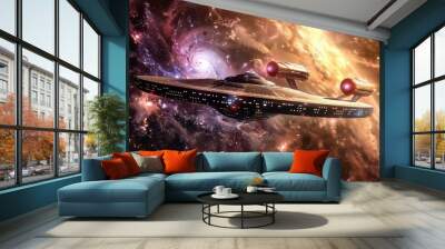 A sleek, futuristic spacecraft glides through vibrant deep space, surrounded by swirling galaxies, distant stars, and colorful nebulae, evoking exploration and adventure. Wall mural