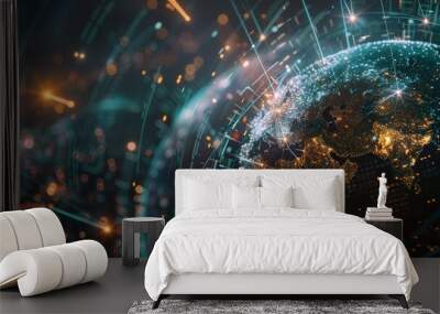 A spherical nexus of cyber activity, with data trails lighting up a networked world Wall mural