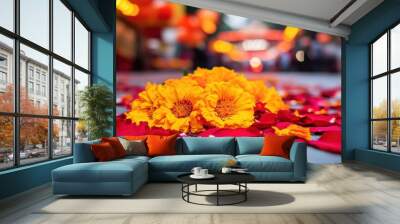 A vibrant close-up of bright orange marigolds and lush red rose petals captures a festive atmosphere, with blurred lanterns creating a warm glow, perfect for celebrations. Wall mural