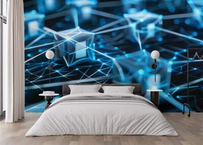 Abstract 3D illustration of a connected network of blue glowing cubes. Wall mural