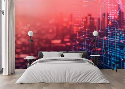 Abstract digital city skyline with glowing lights and data streams. Wall mural