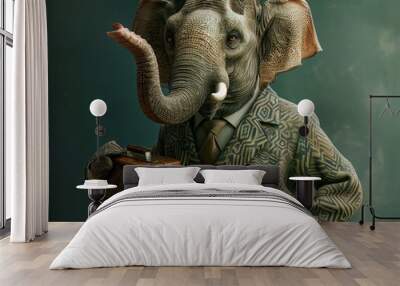 An elephant in a classy outfit, holding a briefcase with its trunk, representing memory and reliability in business Wall mural