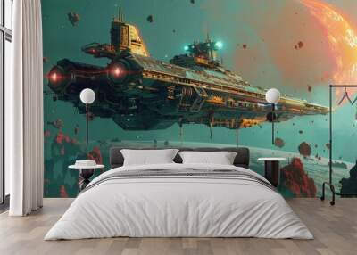 An intergalactic spaceship hub where alien species from across the universe converge to trade and interact Wall mural