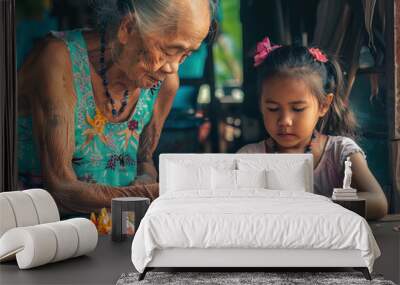 An intimate portrait of a grandmother teaching her granddaughter to make Songkran flower garlands Wall mural