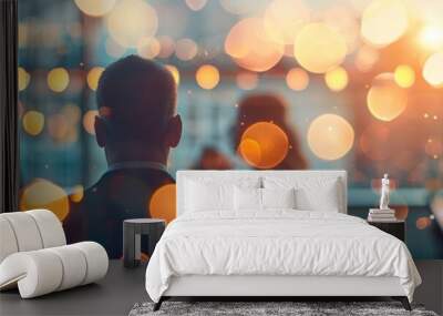 Bokeh lights dance around business professionals in a meeting at dusk Wall mural