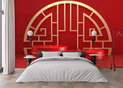 Chinese New Year red modern style three podium product showcase with golden ring frame and China pattern background. Holiday traditional festival banner concept. 3D illustration render graphic design Wall mural