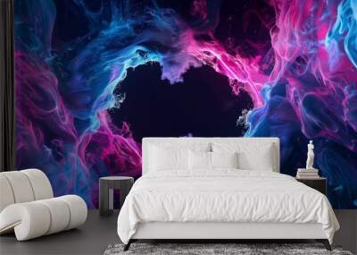 Circular frame two tone neon blue and pink dynamic motion liquid and smoke black background 3D render Empty center Wall mural