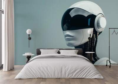 Close-up of a futuristic robot with a white helmet and visor. Wall mural