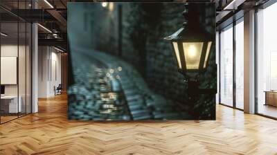 Close-up of a gas lamp on a cobblestone street, casting light on a mysterious figure in a cloak, hinting at Jack the Ripper's presence Wall mural