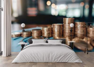 Coins stacked in a rising pattern on a financial chart, symbolizing financial growth and success. Wall mural