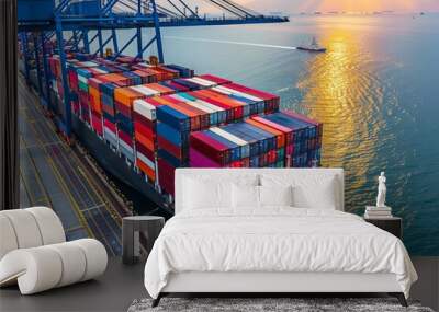 Container ship carrying container boxes import export dock with quay crane Business commercial trade global cargo freight shipping logistic and transportation worldwide oversea con Wall mural