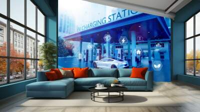 EV charging station for electric vehicles in the downtown city with blue energy fuel battery charging station. Fuel power and transportation industry concept. 3D illustration rendering Wall mural