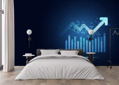 Futuristic blue rise up bar chart with arrow abstract technology background. Economy and financial concept. Stock money profit investment progress Wall mural