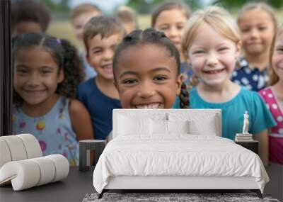 Group of diverse children smiling and laughing together outdoors. Wall mural