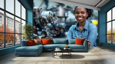 Happy Black female engineer working in a factory, enjoying her job With copy space Wall mural