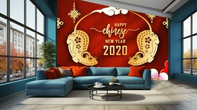 Happy Chinese new year 2020. The year of the Rat. Chinese new year fortune greeting card graphic design background and wallpaper. Red and gold paper cut with plum blossom flower. Asian culture element Wall mural