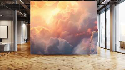 Heavenly ascent, steps rising to a divine glow amidst soft, billowing clouds Wall mural