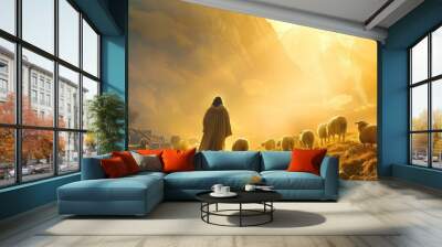 Jesus walking alongside a flock of sheep with the sun shining overhead Wall mural