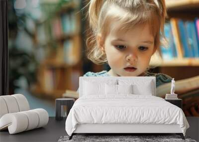 Little girl reading a book, representing the joy of children s literature and the importance of early childhood education and reading with copy space Wall mural