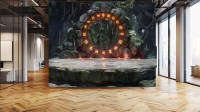 Mystical stone portal in a lush jungle setting with glowing runes and candles. Wall mural